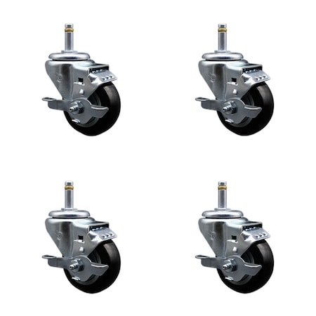 Service Caster 3'' Black Poly Swivel 7/16'' Grip Ring Stem Caster Set with Brake, 4PK SCC-GR20S314-PPUB-BLK-TLB-716138-4